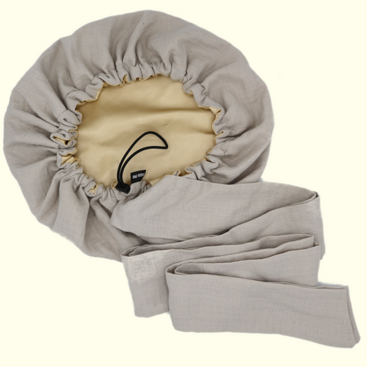 Bonnet/Turban réglable beige clair doublé en satin "Waffle" - Taille standard