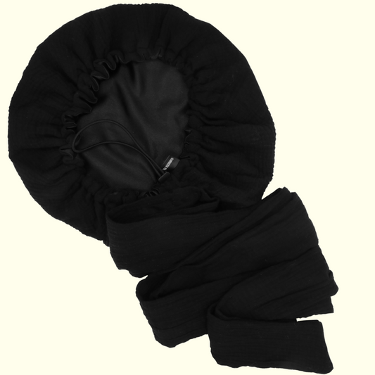 Bonnet/Turban réglable noir doublé en satin "Waffle" - Taille standard