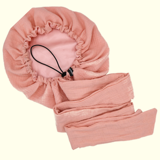 Bonnet/Turban réglable rose doublé en satin "Waffle" - Taille standard